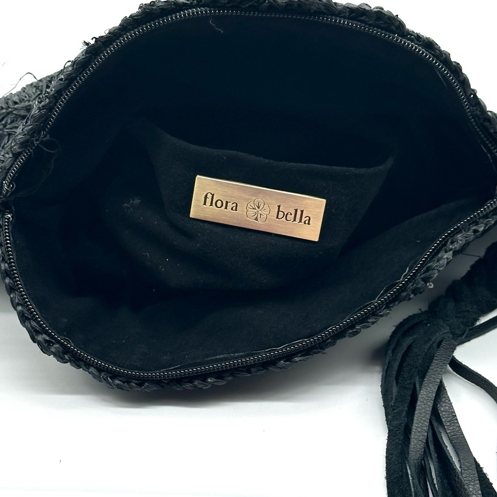 Flora Bella Rafia Sequin Black Fan Clutch Leather Tassel - Picture 6 of 7